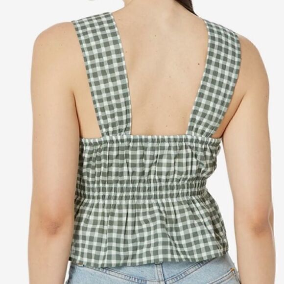 NWT Madewell Gingham Check Smocked Green White Peplum Cropped Keyhole Prairie - Picture 4 of 5